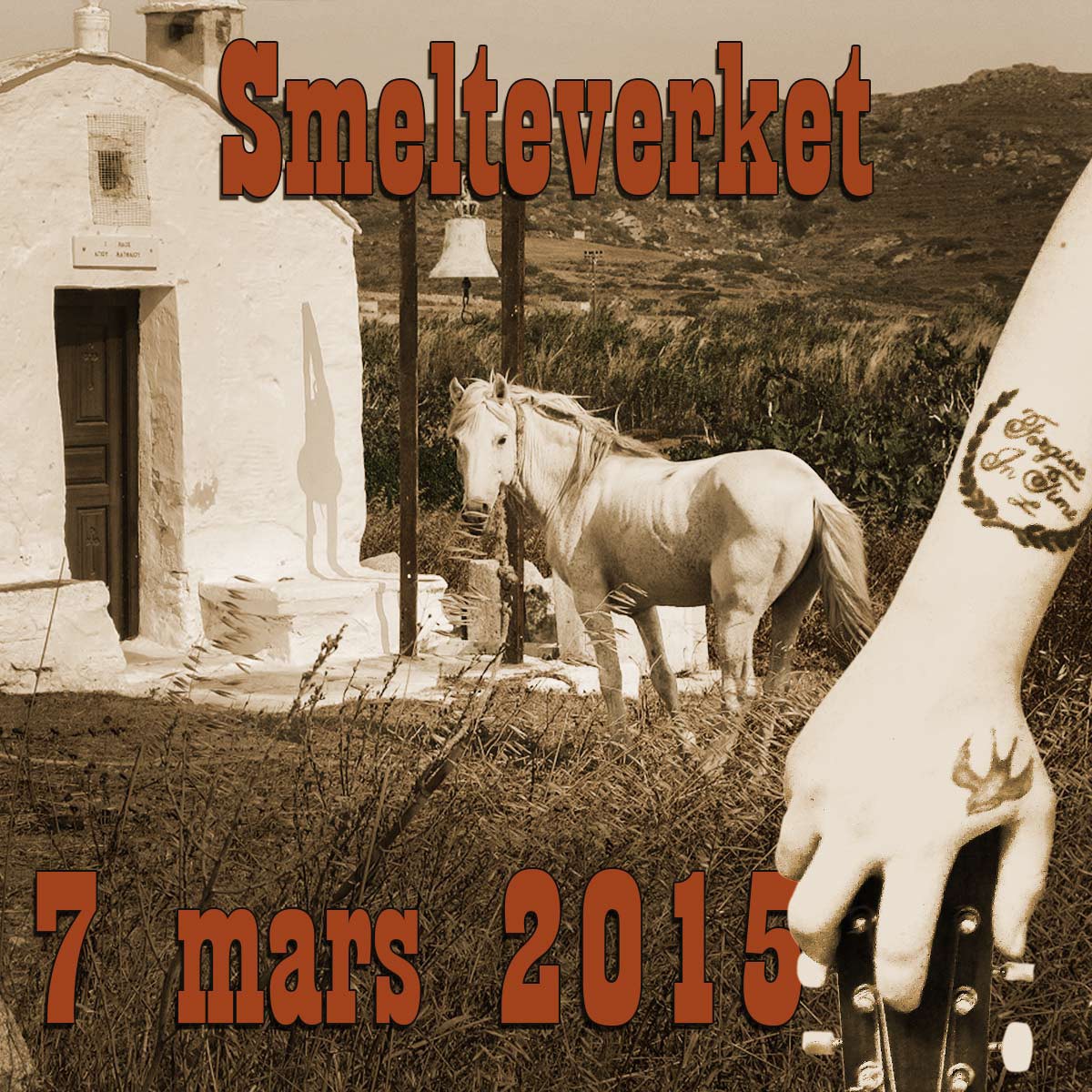 Plakat. Hest forran hus med tekst Smelteverket 7. mars 2015